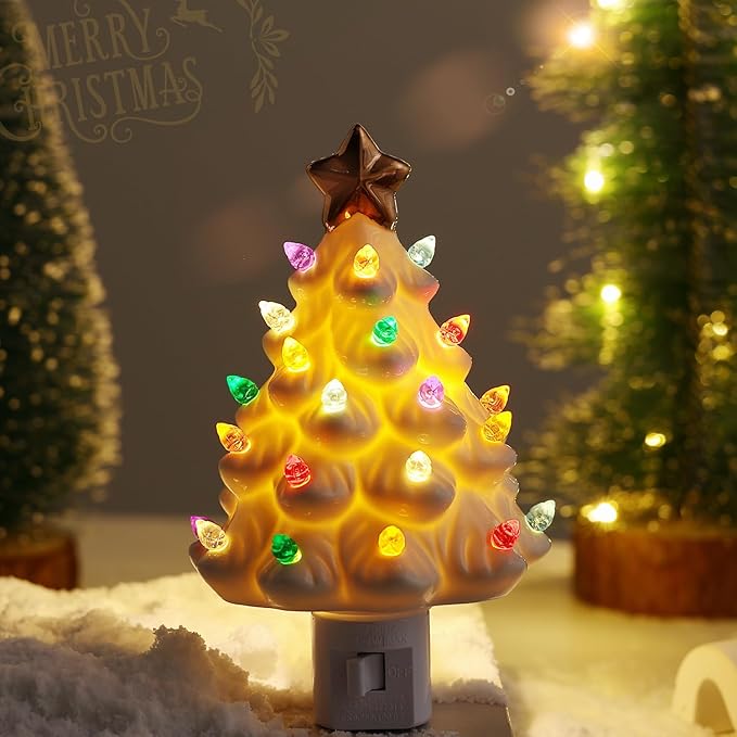 B SEPOR Nostalgic 6.5" Ceramic Christmas Tree That Light Up Wall Mounted Type Plug-in Night Light Mini Decorative Lamp