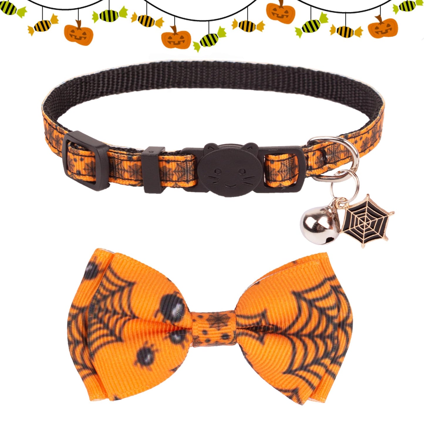 ADOGGYGO Halloween Cat Collars with Bow Bell, Breakaway Kitten Bowtie Collar Spider Web Skull Halloween Collars for Girl Boy Cats Kittens