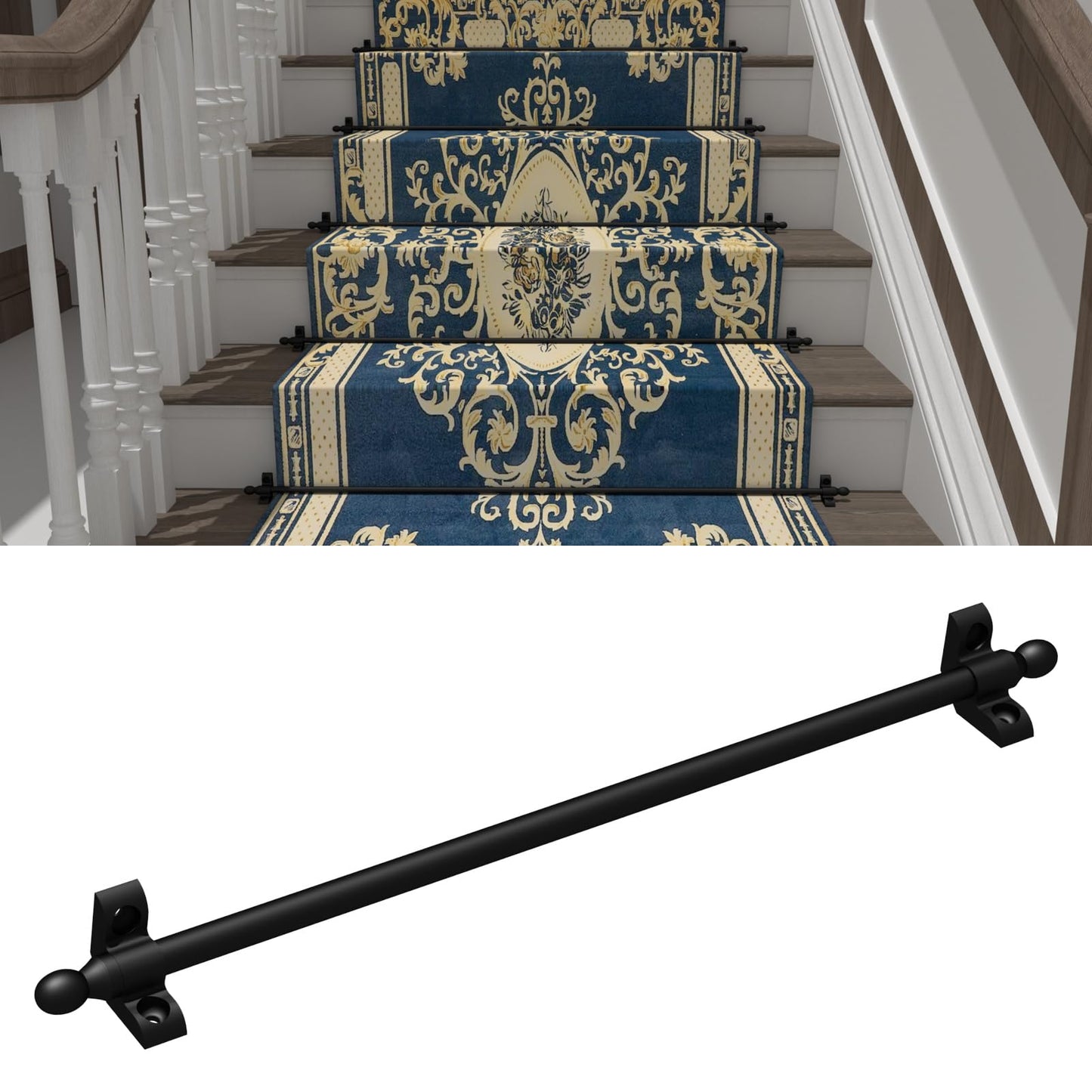 Solid Brass Stair Rods for Carpet Runners Set of 5, Black Stair Runner Rods for Fixed Stair Carpet, 36 inch Oval Finial Carpet Runner Rods