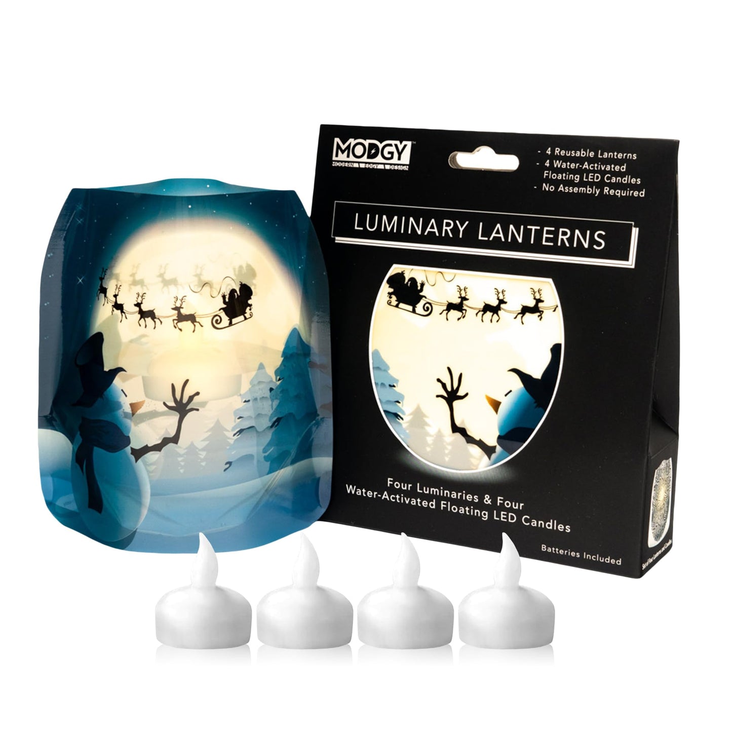 MODGY Luminary Lanterns, Christmas Candle Holders with Flameless Floating LED Candles, Indoor Outdoor Decor for Holiday Parties, Home, Windows, and Mantels, Table Centerpiece, 4-Pack, OhDeer