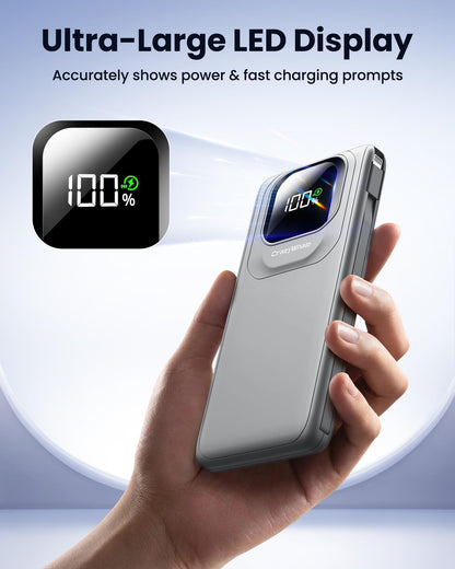 Portable Charger with Built-in Cables,22.5W Super Fast Charging Power Bank Slim Phone Charger,10000mAh Travel Battery Pack Battery Bank with Smart LED Display for iPhone, Android & USB-C Devices