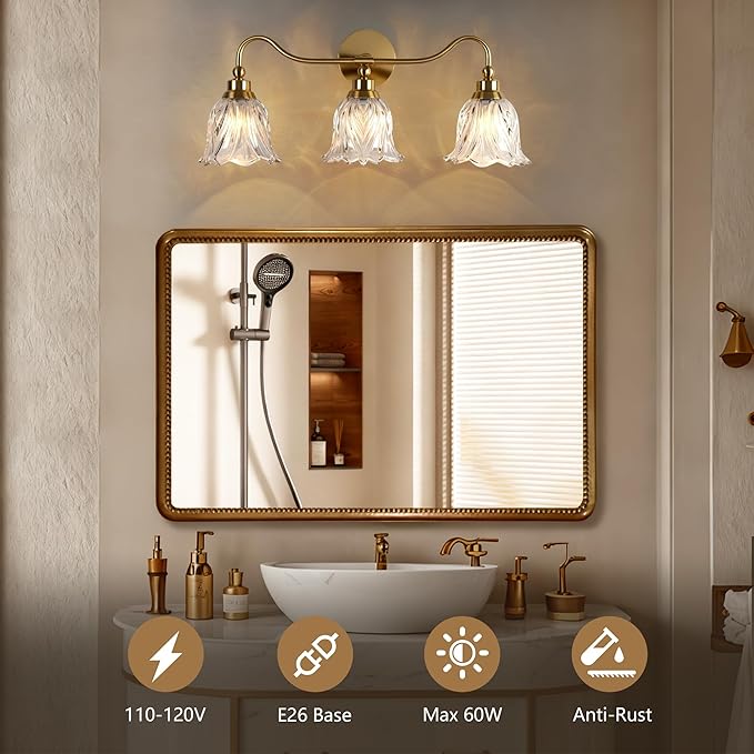 3-Lights Bathroom Vanity Light Gold Vintage Light Fixtures Floral Flower Matte Antique Brass Crystal Glass Shade, Wall Sconces Lighting for Living Room, Bedroom, Hallway（E12 Base）