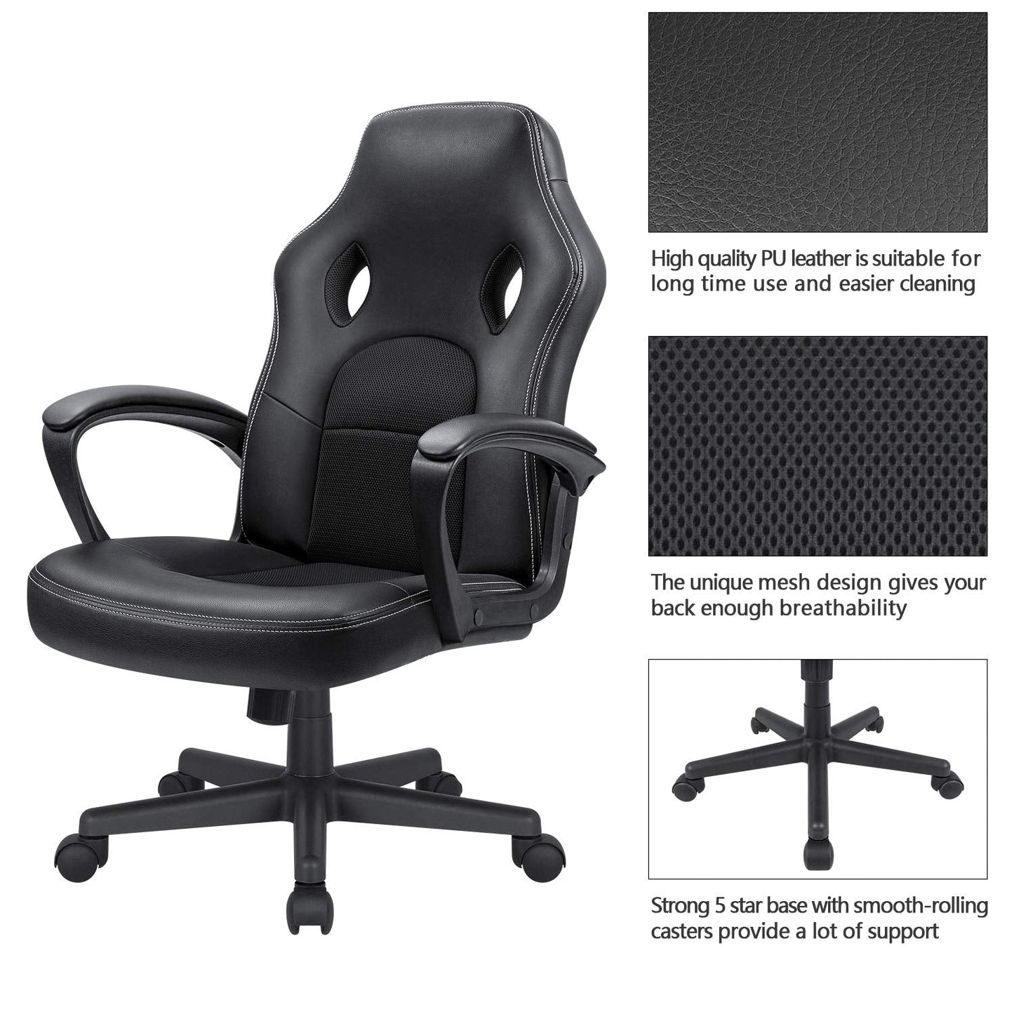 KaiMeng Office Gaming Chair High Back Leather Computer Chairs Ergonomic Height Adjustable Racing Game Desk Chair Executive Conference Task Chair (Black)