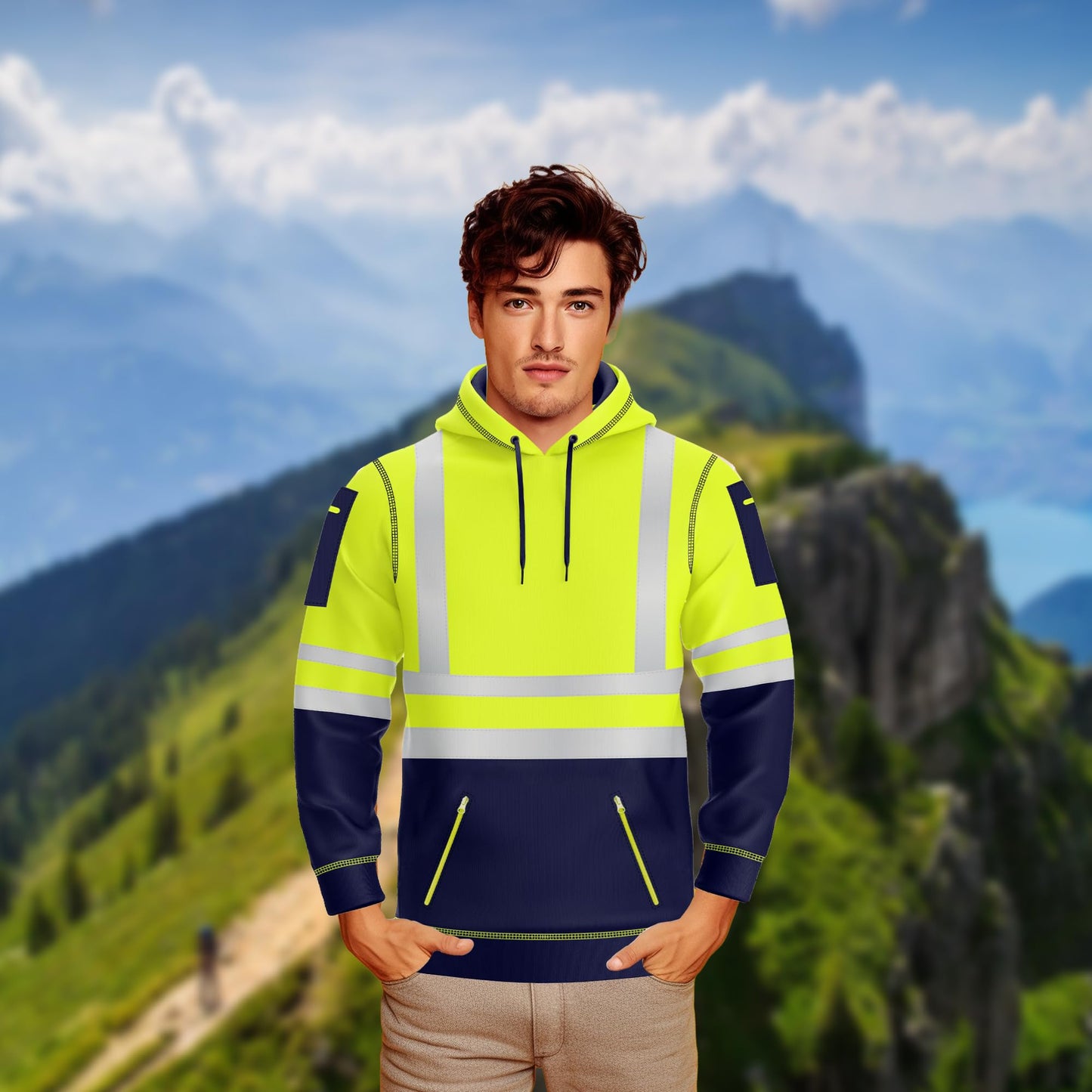 NOROZE Mens Hi Vis Hoodie with Reflective Tape, Pullover High Vis Hoodie for Safety Workwear– 4 Utility Zipped Pockets, Work Hoodies for Men, High Visibility Hooded (M, Style 1: Neon Green/Navy)