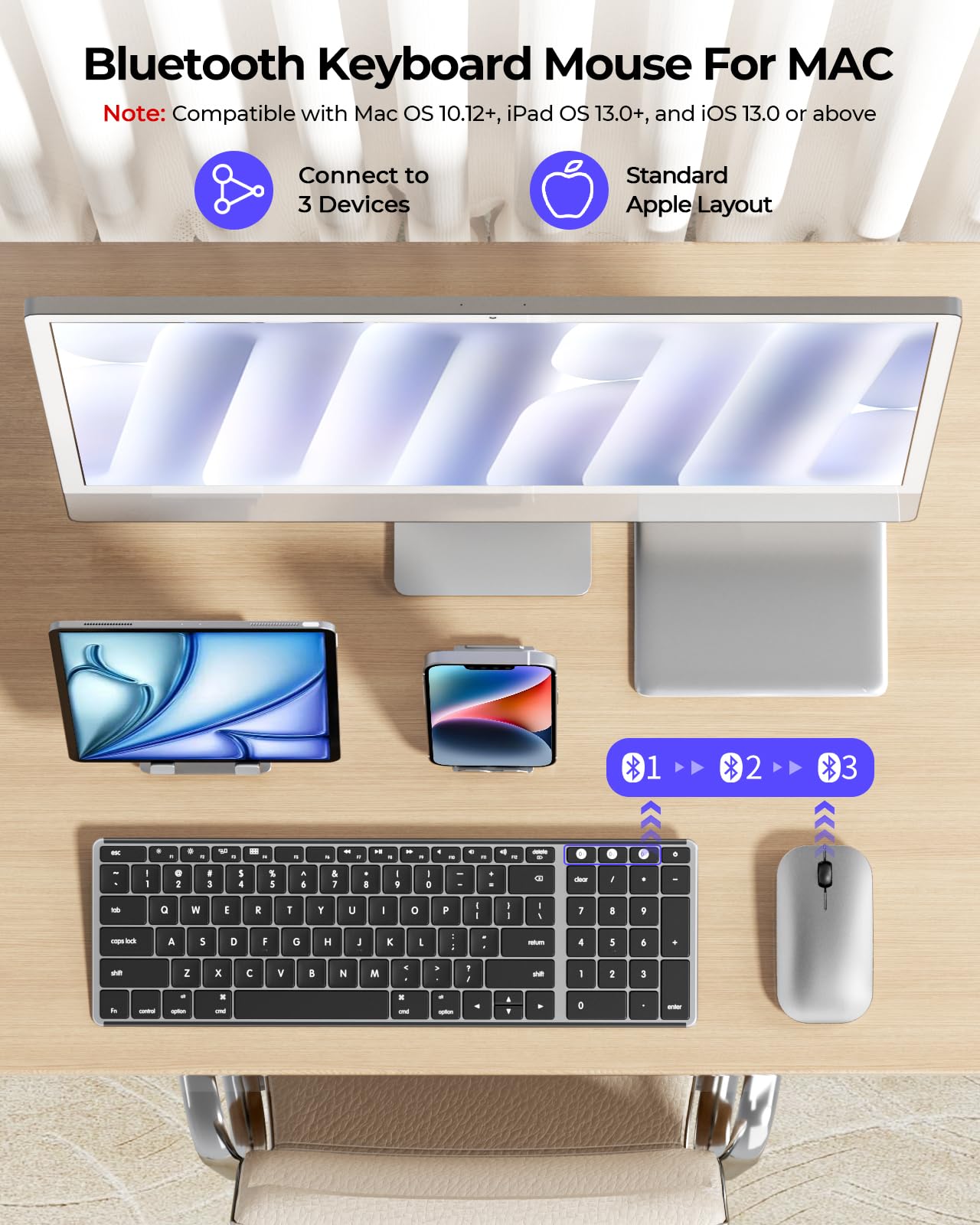 seenda Bluetooth Keyboard and Mouse for Mac, SKM64-2 Multi-Device Rechargeable Slim Wireless Keyboard Mouse Stainless Steel Full Size, Compatible with MacBook Pro/Air, iPad, Mac - Space Gray