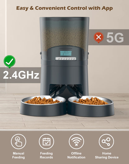 HoneyGuaridan 6.5L Automatic Cat Feeder, 2.4G Wi-Fi Smart Pet Feeder with APP Control, Desiccant Bag, Voice Recorder and Dual Power Supply, Up to 6 Meals Per Day for Cats & Small/Medium Dogs (Blue)