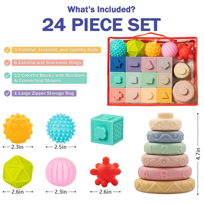 Jyusmile Baby Toys 6-12 Months, Montessori Toy for Babies 6-12 Months, Incl Stacking Building Blocks & Soft Infant Teething Toys & Sensory Balls for Toddlers 0-3-6-9-12 Month