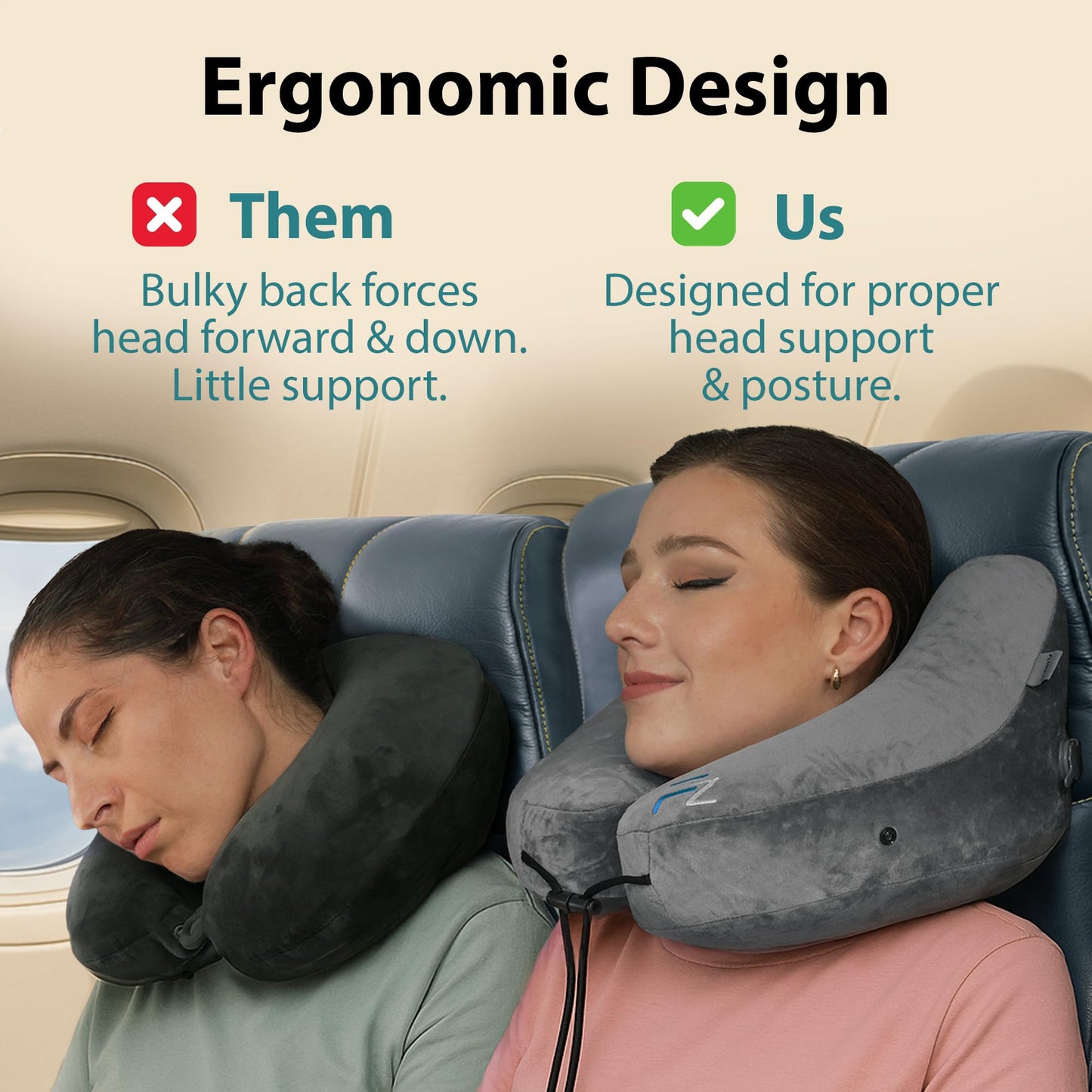 FLOWZOOM Air Inflatable Neck Pillow for Traveling on Plane - H-Shape Hooded Travel Pillow with 5 Snooze Modes, Fast Inflation, Pressure Control, Cozy Clip-On Hood & Plushy Cover - Size L, Silver Gray