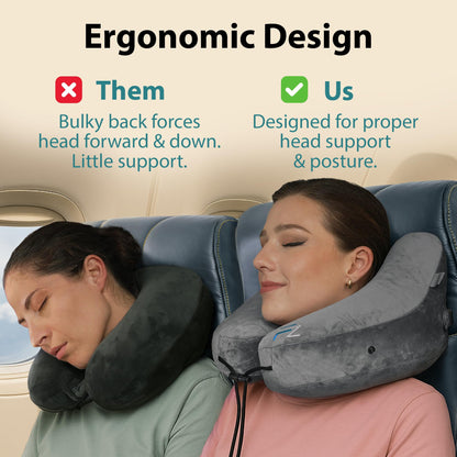 FLOWZOOM Air Inflatable Neck Pillow for Traveling on Plane - H-Shape Hooded Travel Pillow with 5 Snooze Modes, Fast Inflation, Pressure Control, Cozy Clip-On Hood & Plushy Cover - Size L, Silver Gray