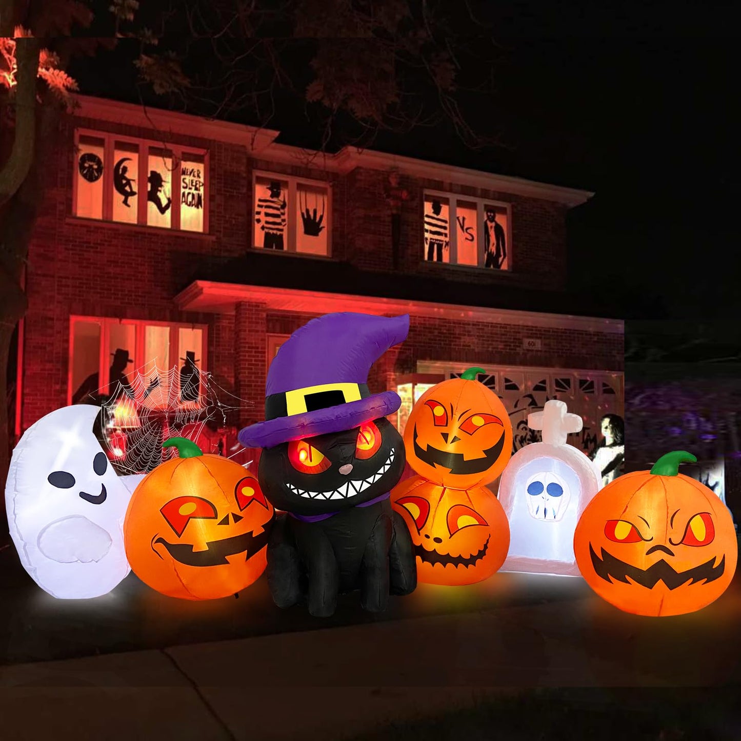 MICOCAH Halloween Inflatables Outdoor Decorations 8 FT Long Funny Pumpkin Black Cat Blow Up Lanterns Built-in LED Lights with Ghost Tombstone Scary Yard Decoration for Holiday Party Outside Lawn