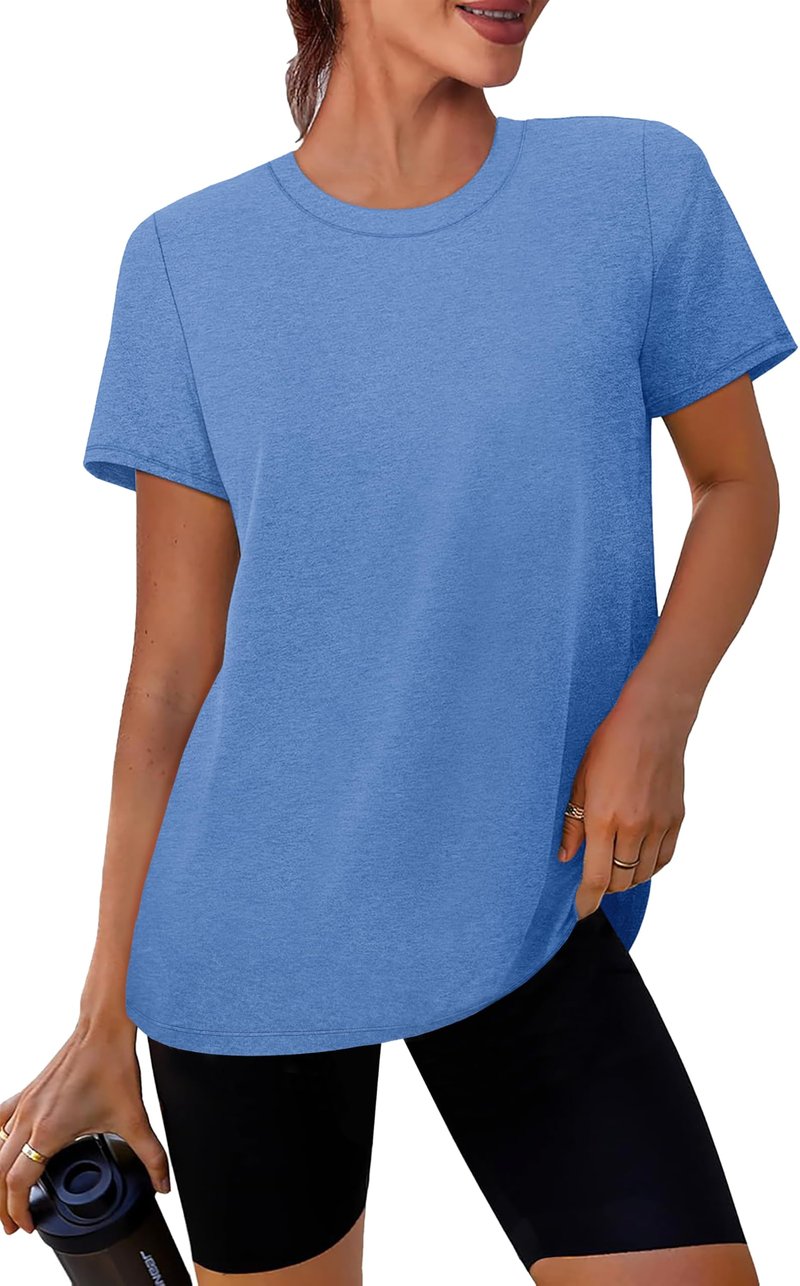 NIASHOT Summer Tops for Women 2025 Short Sleeve Workout Clothes Athletic Shirts Pilates Outfits Camisetas Deportivas para Blue L