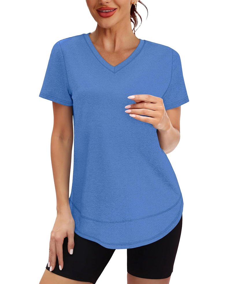 Workout Tops for Women Spring Summer Short Sleeve Golf Outfits Gym Essentials Activewear Running Shirts V Neck Blue S