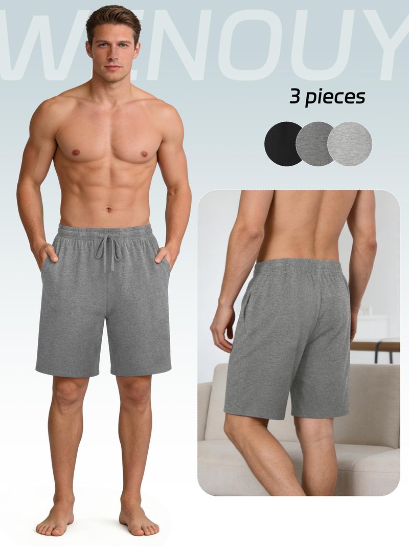 Wenouy 3 Pack Mens Cotton Pajama Shorts Soft Comfortable Lounge Shorts with Drawstring & Two Pockets Sleep Bottoms for Men Black, Gray, Light Gray XL