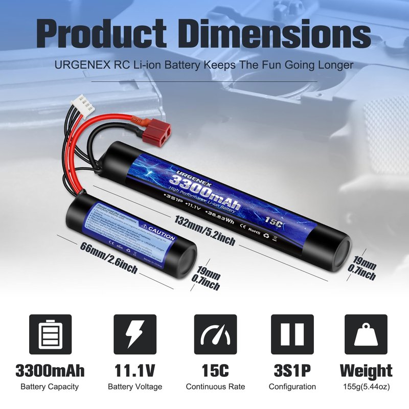 URGENEX Airsoft Battery 3300mAh High Capacity 11.1V Nunchuck RC Battery with Dean-Style T Plug & Mini Tamiya Cable 3S Butterfly Stick Airsoft Li-Ion Fit for aeG AK47 M4 MP5 and Most Airsoft Gun Rifle