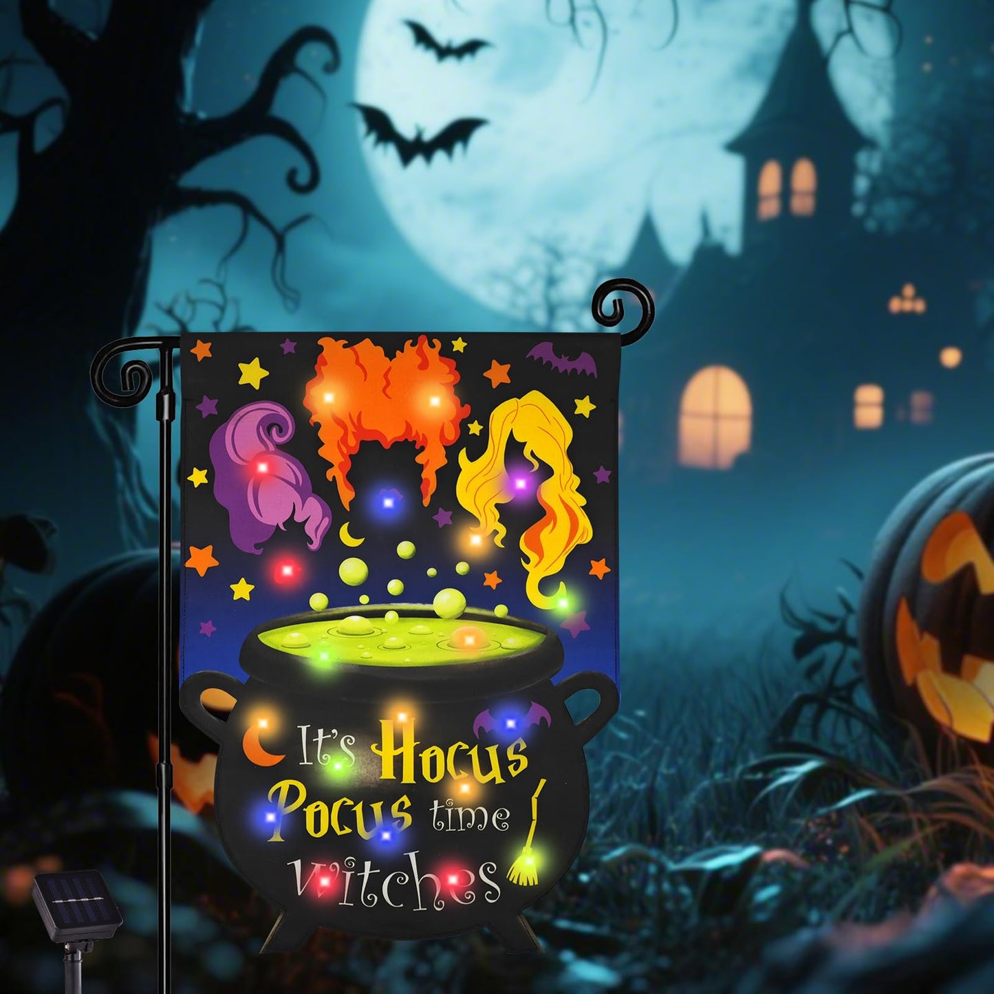 Solar Halloween Lighted Garden Flag for Outside It's Hocus Pocus Time Witches Flags for Patio Lawn Outside Halloween Decorations Garden Decor (12 * 18)