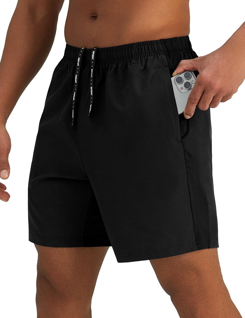 Pesfix Mens 7'' Lightweight Athletic Shorts Quick Dry Gym Workout Running Shorts with Zipper Pockets Black,Large