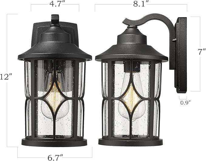 zeyu Farmhouse Outdoor Wall Lantern - 12 Inch Exterior Wall Sconce, Cast Aluminum with Seeded Glass, Black Finish, ZX48B BK