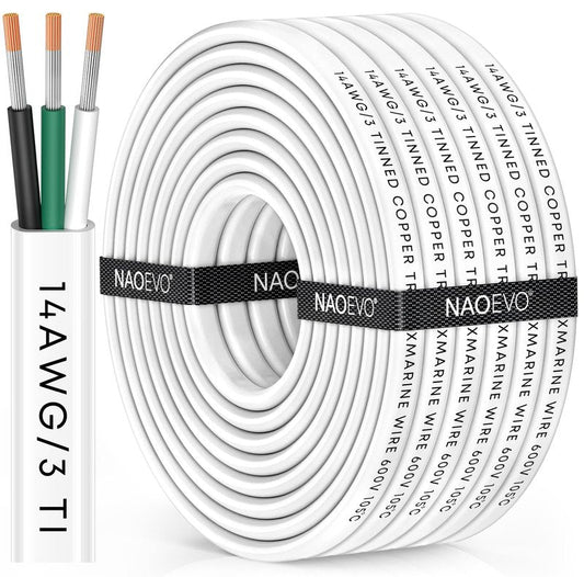 NAOEVO 14 Gauge Marine Wire, 14/3 Triplex Marine Electrical Cable, Waterproof/Insulated PVC/Oxygen-Free Tinned Copper 14 AWG Wire for Boat, Automotive, RV, Solar, LED, Trolling Motor (30FT)
