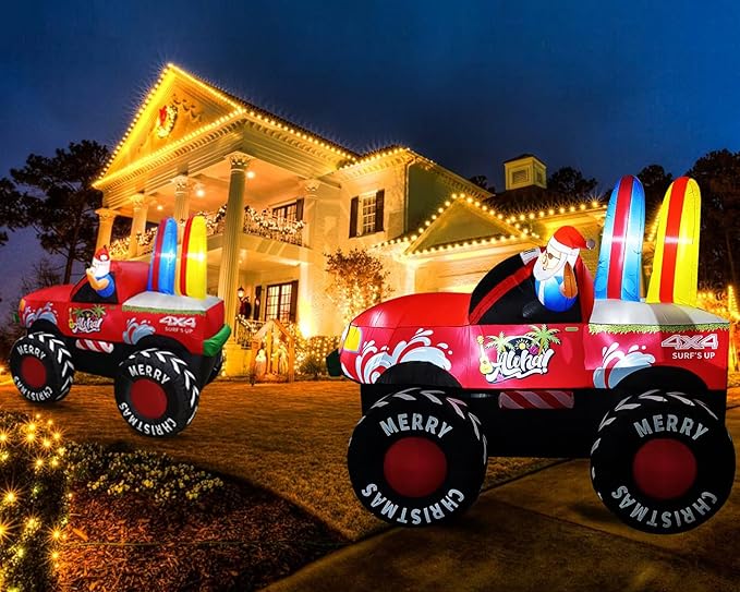 7FT Long Christmas Inflatables Monster Truck Outdoor Decorations, Xmas Blow up Santa Driving Monster Truck, Inflatable Outside Decor for Yard Garden Lawn Party Indoor Home