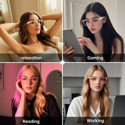 GenXenon Smart Glasses, Clear Frame Blue Light Glasses for Woman, Magnetic Charging,Remote Photography, Open-Ear Design, Voice Assistant, 5.3 Bluetooth with Audio Mic for Working Gaming (GS03-C)