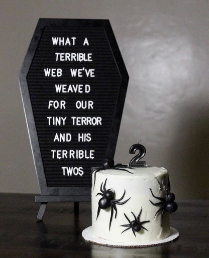 Coffin Letter Board Black +3D Bat Stickers +650 Characters, Spooky & Seasonal Emojis, Wooden Stand - 17x10.5 Inches - Coffin Shaped Goth Decor Sign Witchy Halloween Decorations Gothic Decor Birthday Wedding Home Spooky Gifts