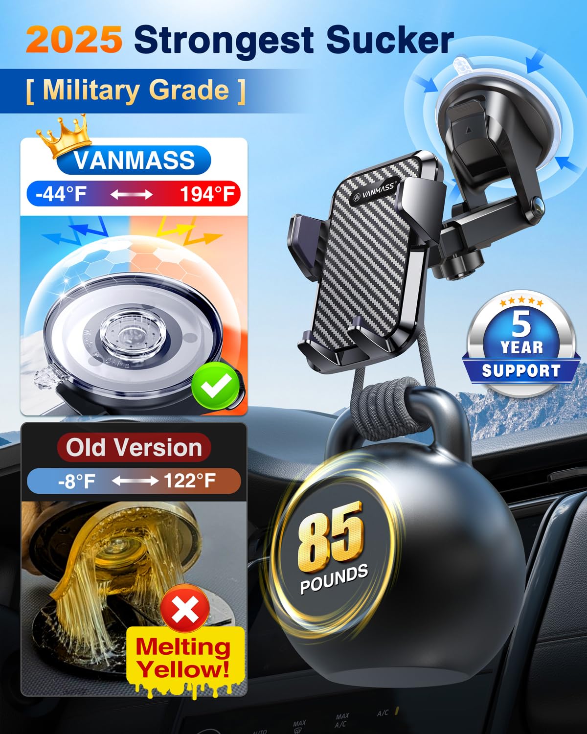 VANMASS 【85+LBS Strongest Suction & Military-Grade 2025 Ultimate Car Phone Mount【Patent & Safety Certs】 Cell Phone Holder Truck Stand for Dashboard Windshield Vent for iPhone 16 15 Pro Max 14 Samsung