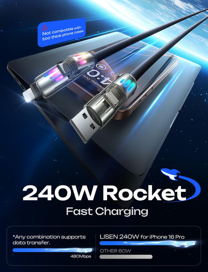 LISEN USB C to Lightning Cable, 240W 4 in 1 Charging Cable 6.6FT, Chubby USB A/C to C/Lightning with Light for iPhone Air 17 16 15 14 Pro/MacBook/iPad/Samsung/Switch 2, Multi Chargers for All Devices