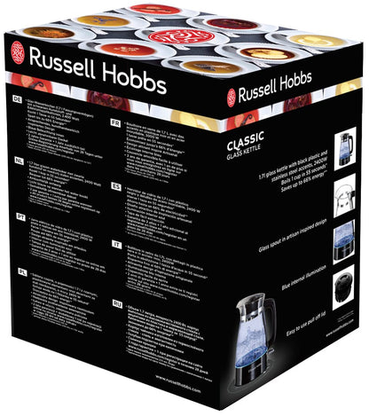 Russell Hobbs Kettle Glass [1.7 L, 2400 W, Optimised Design Spout Made of Glass, LED Lighting] Classic Design (Quick Boil Function, Removable Lid, Limescale Filter, Stainless Steel Base) 26080-70