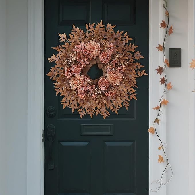26" Fall Wreath for Front Door - Large Artificial Dahlia Flowers Fake Rose Faux Maple Leaves Outdoor Wreath for Porch, Window,Farmhouse,Home,Thanksgiving Day Harvest Festival Autumn Decor