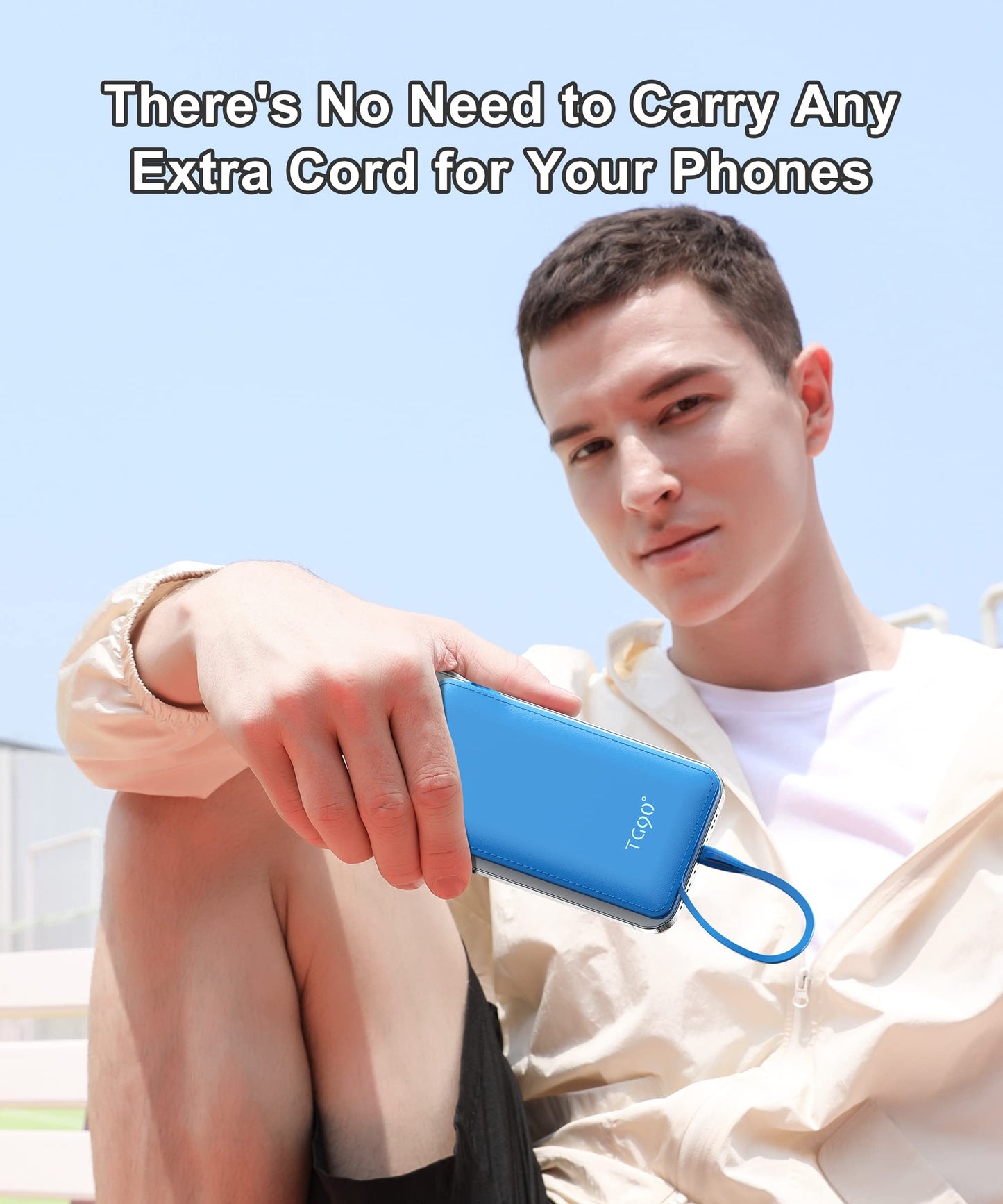 TG90° Portable Charger 10000mah Cell Phone Battery Backup, Ultra Slim Power Bank with Built in Lightning and USB-C Cable, Portable Phone Charger Battery Packs Compatible with iPhone Android Phones