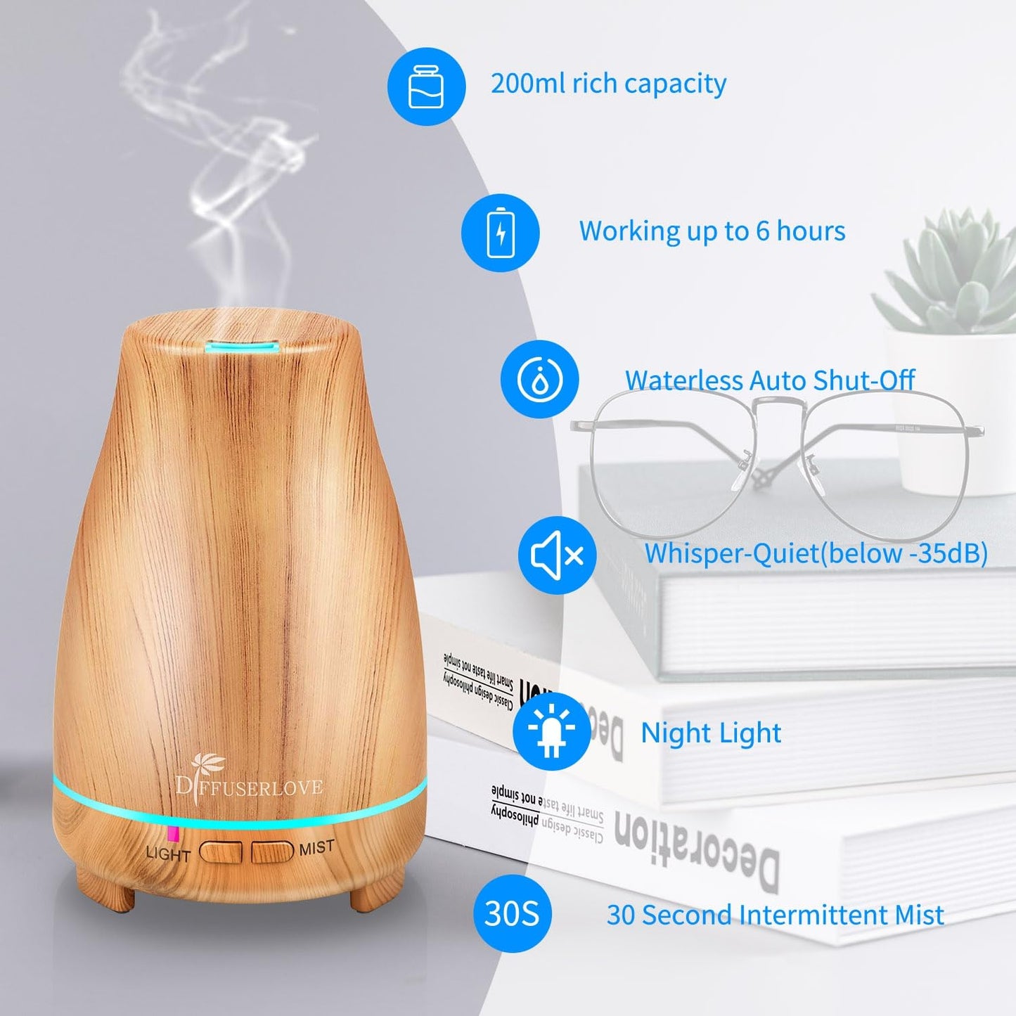 Diffuserlove Essential Oil Diffusers 200ML Remote Control Ultrasonic Mist Humidifiers BPA-Free Aromatherapy Diffuser with 7 Color Lights, Auto Shut-Off for Bedroom Office Kitchen