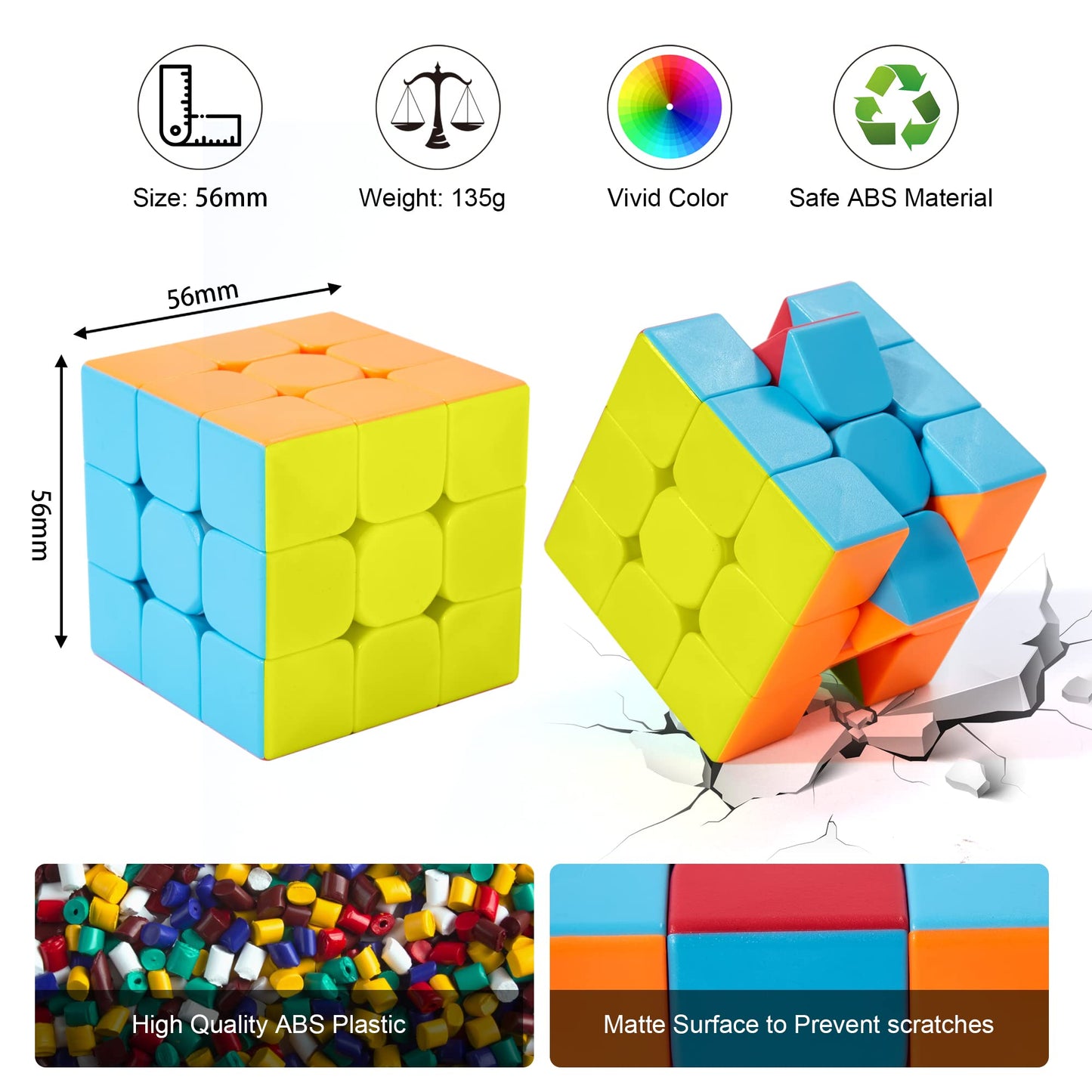 ROXENDA Speed Cube Fast Cube - Fast Smooth Turning Solid Durable & Stickerless Frosted, Best 3D Puzzle Magic Cube Toy - Turns Quicker than Original for kids Gift & Adult & Children(3x3x3 Cube)