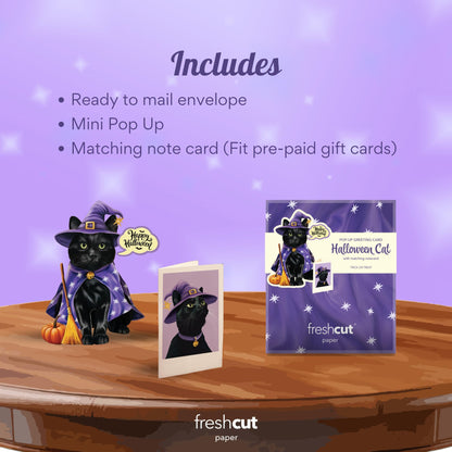 Freshcut Paper Pop Up Cards, Mini Halloween Cat, 6 Inch Mini Sized 3D Cat Gifts, Popup Greeting Card, Halloween Cards, October Card, Blank Notecard & Envelope