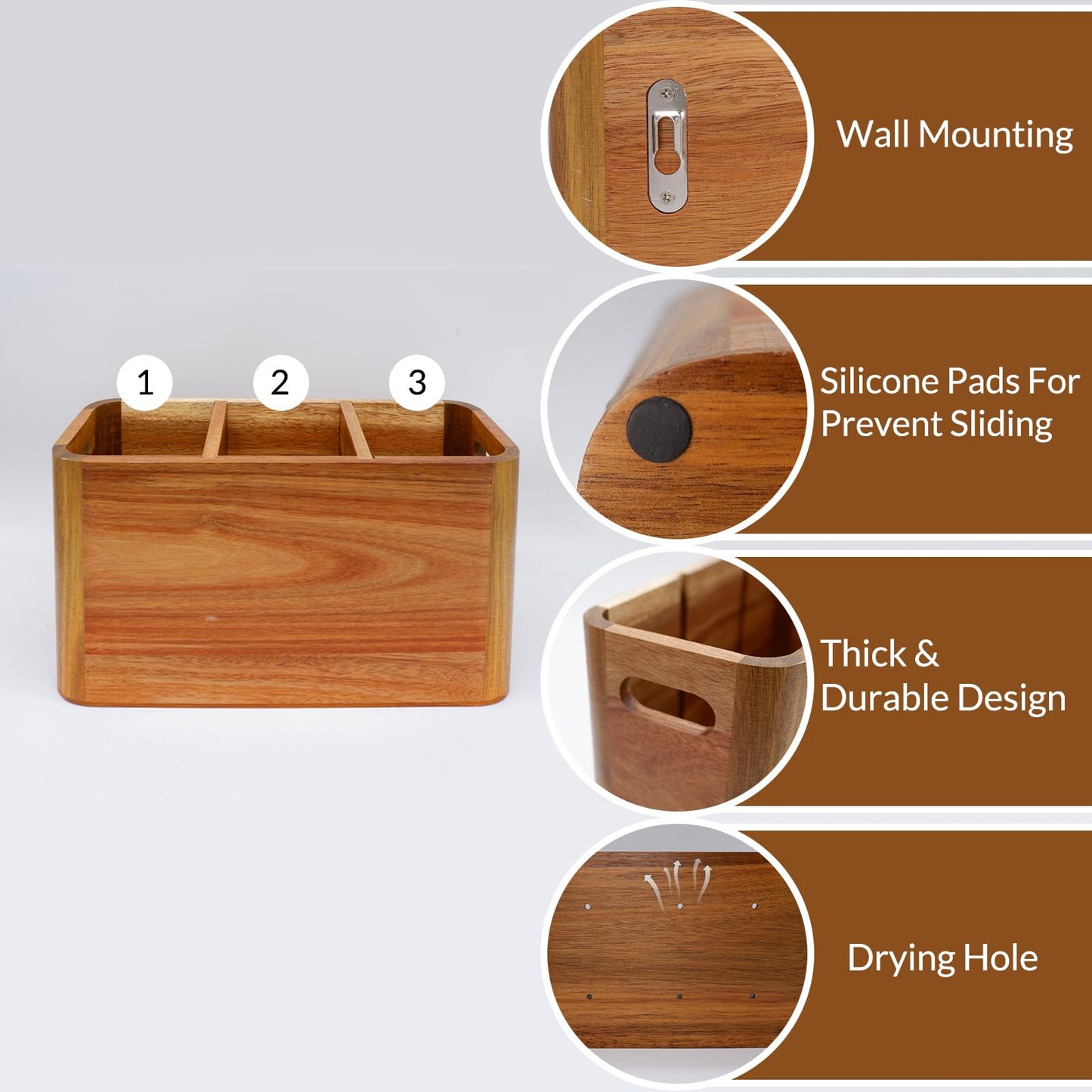 Wooden Kitchen Utensil Holder Organizer for Counter or Countertop, Large Wooden Utensil Holder for Storage Cooking and Silverware with 4 Compartment, Acacia Rustic Wood Container Extra Large
