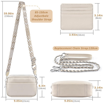 BROTOU Crossbody Bag for Women, Leather Handbag & Shoulder Bag with Adjustable Wide Strap, Chain Strap & 3-Slot Card Holder, Camera Cross Body Bag for Lady Girl Shopping Daily Use (A-Beige)