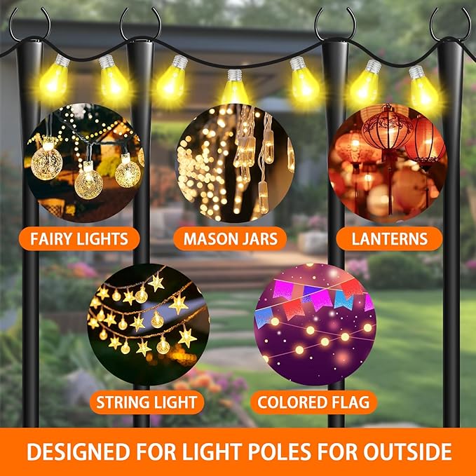 4 Pack 10Ft String Light Poles, Metal Poles with Fork for Outside Lights,Outdoor Metal Light Stand with Fence Brackets Hanging Lights for Garden Patio Wedding Backyard Deck Party