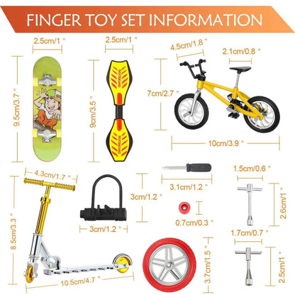 18 Pieces Mini Finger Toys Set Finger Skateboards Finger Bikes Scooter Tiny Swing Board Fingertip Movement Party Favors Wheels and Tools