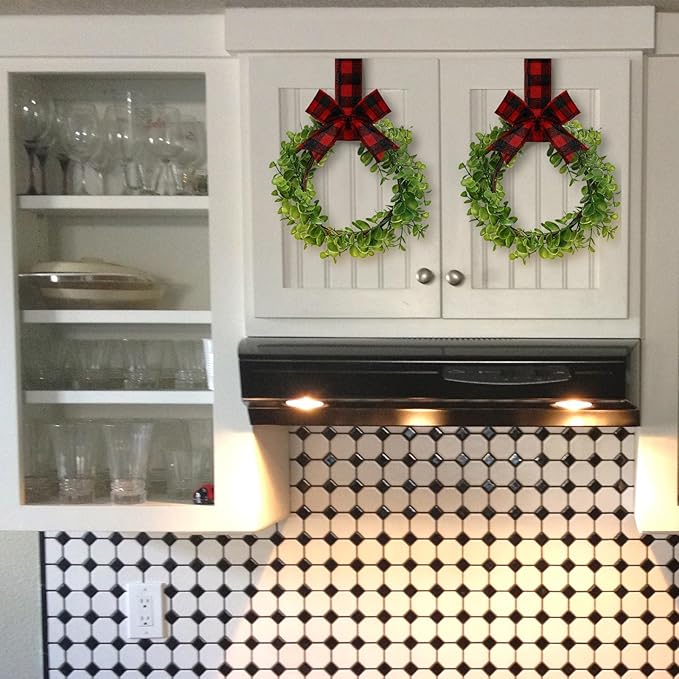 WILLBOND 4 Pcs Christmas Kitchen Cabinet Wreath Boxwood Garland with Ribbon Greenery Garland Hanging Wreaths for Cabinet Wall Window Door Fireplace Party Farmhouse Decor(Black and Red,Fabric)