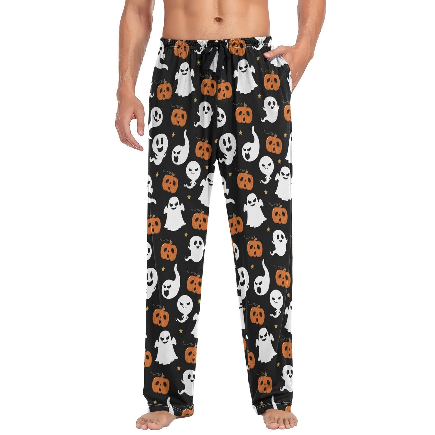 Ollabaky Halloween Men's Pajama Pants Cute and Scary Ghost Pumpkin Pjs Bottoms Sleep Lounge Pants for Men, L
