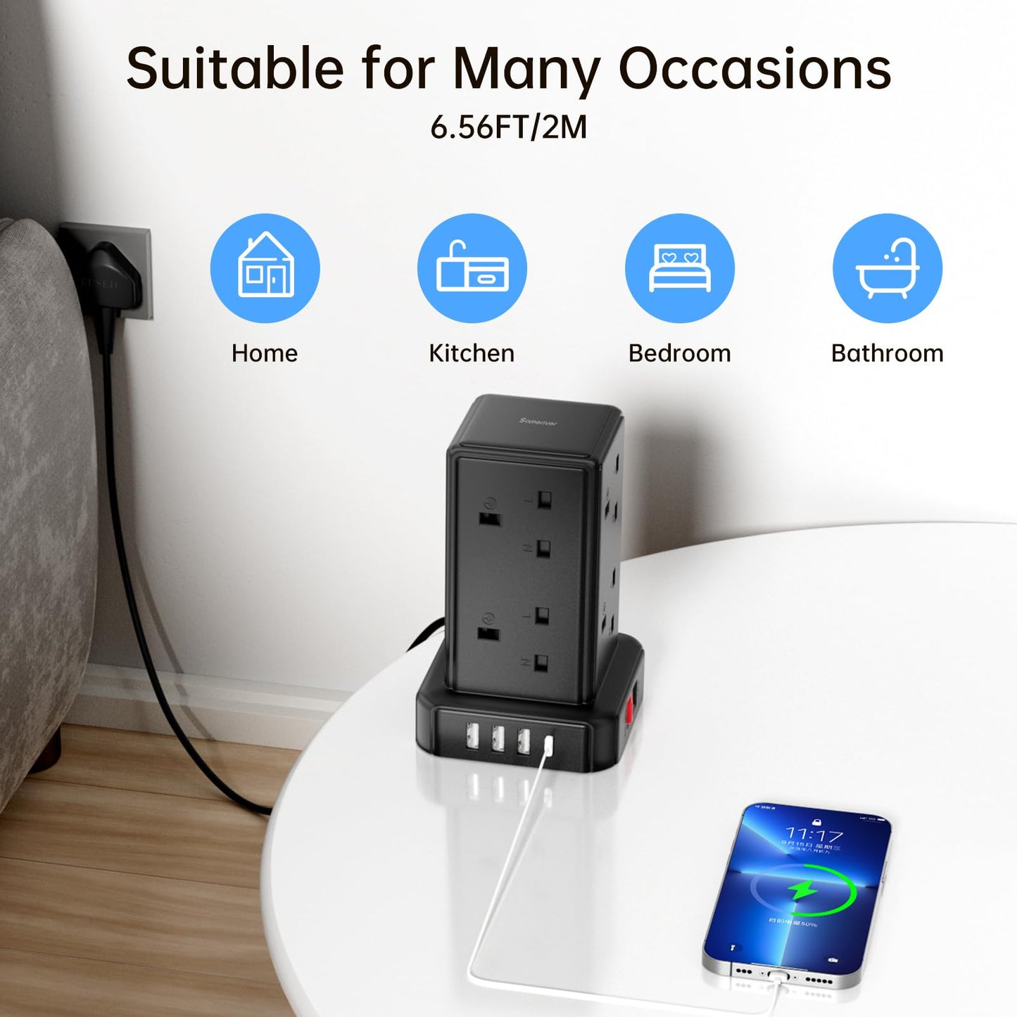 Tower Extension lead Surge Protection Extension Lead with Switch (13A 3250W) 8 AC Outlets & 4 USB Ports Plug Extension Socket Extension Cable 2M Mini Power Strip for Home, Office