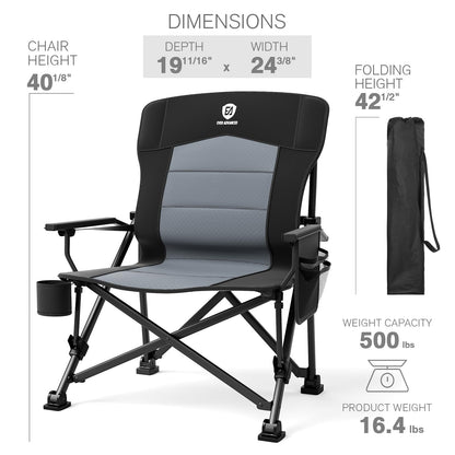 EVER ADVANCED Oversized Folding Camping Chair for Adults with Adjustable Lumbar Support, Heavy Duty Chair with Side Pockets, Portable Collapsible Quad Chair for Outside, Support Up to 500lbs,Black