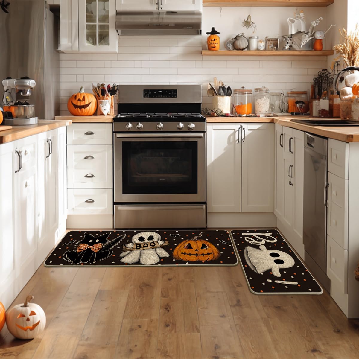 Artoid Mode Bats Black Cats Boo Pumpkin Halloween Kitchen Mats Set of 2, Home Decor Low-Profile Kitchen Rugs for Floor - 17x29 and 17x47 Inch