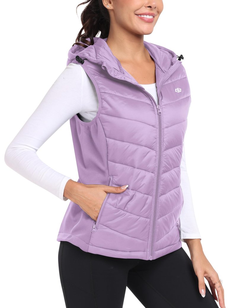 MoFiz Women's Puffer Vest Lightweight Hooded Slim Fit Running FLeece Lined Hybrid Sleeveless Warm up Winter Vest Light Purple M