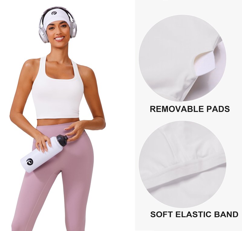 PINSPARK Racerback White Sports Bras for Women Wireless Padded Workout Tank Tops U Neck Longline Yoga Tops Built in Bra Light Support Medium,White