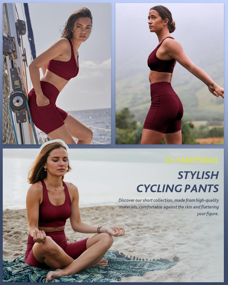 CAMPSNAIL Biker Shorts Women with Pockets - 3"/5"/8" High Waisted Workout Spandex Tummy Control Gym Running Yoga Shorts Burgundy
