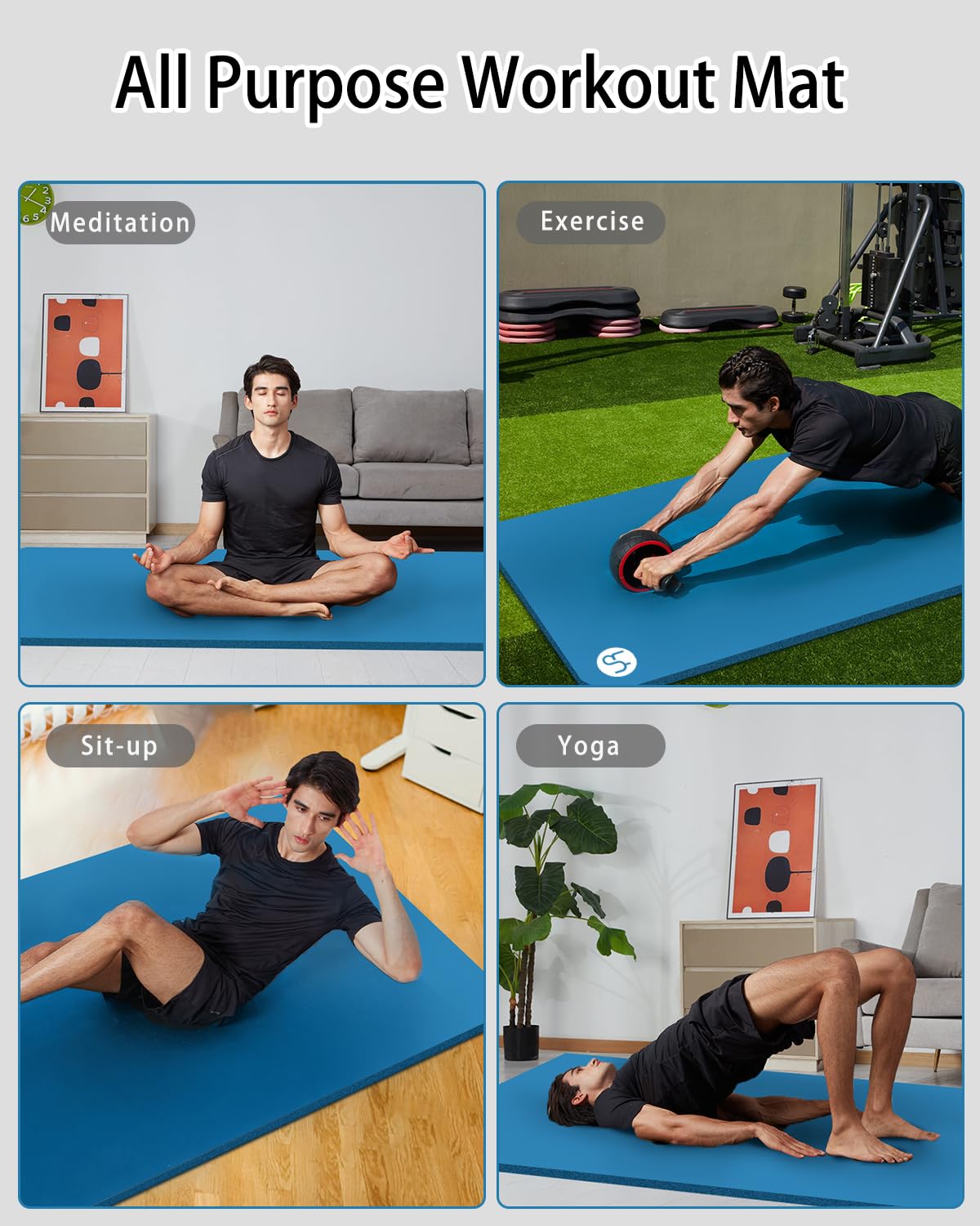 YR Large Yoga Mat for Men Exercise Mat 76"x35" 15mm Thick Foam Mat - Blue