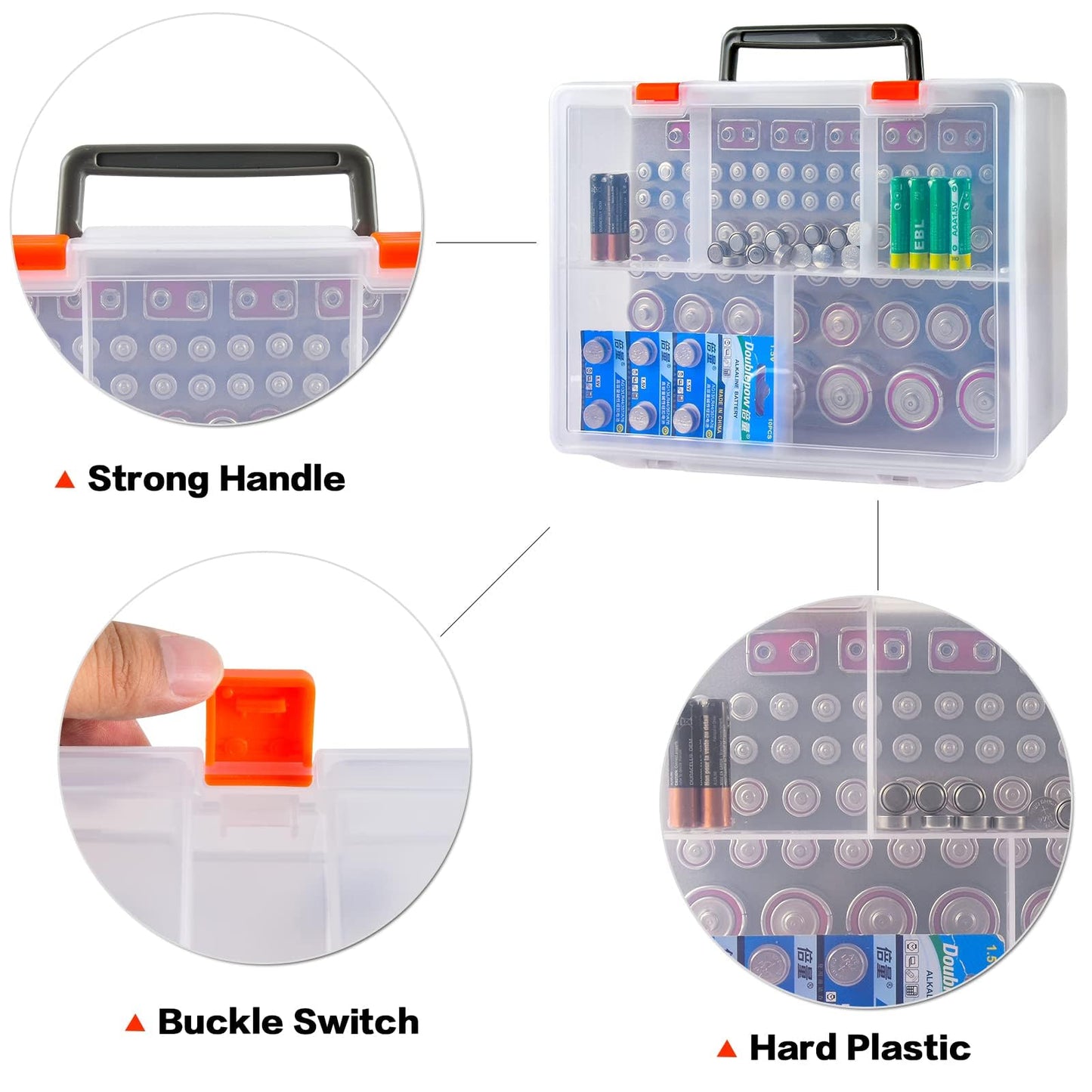 Battery Organizer Holder with Batteries Tester Checker, 120+ Storage Containers Box Case Fits for AA AAA 9V C D Lithium 3V LR44 CR2016 CR1632 CR2032 CR2025 (Batteries Not Includes) -Transparent