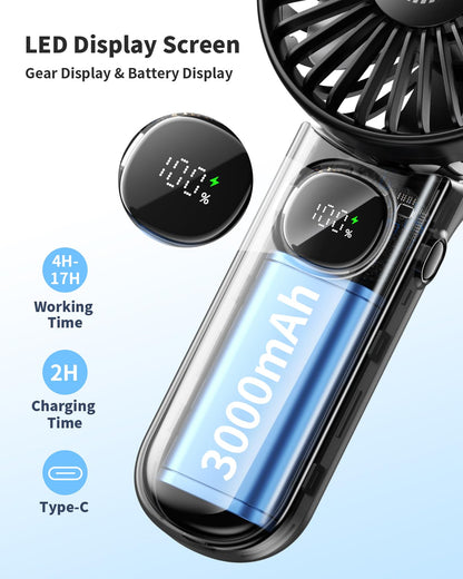 Foldable Portable Fan with LED Display, 3000mAh Battery Operated Mini Hand Held/Neck/Desk 3 in 1 Personal Small Fan for Eyelash Makeup Travel Beach Outdoor Black