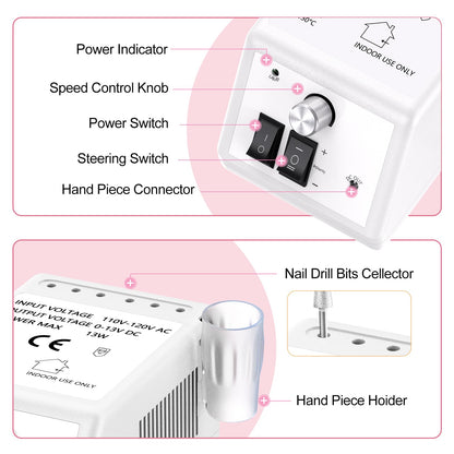 20000RPM Electric Nail Drill Professional Nail File Drill Acrylic Nails Kit for Manicure Gel Nail Polish Remover with 1 Pack of Sanding Bands(Pink)