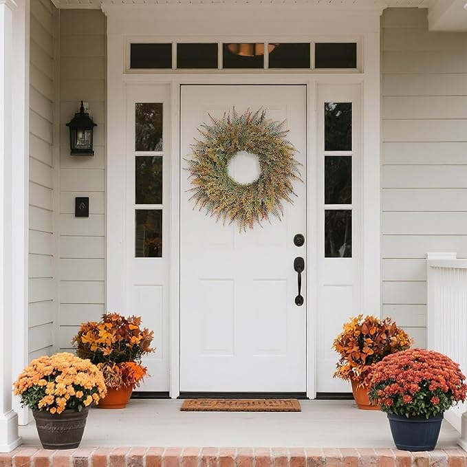 26'' Large Fall Wreath for Front Door, Porch, Window- Artificial Fern Leaves and Faux Wheat Grass Outdoor Autumn Wreath for Home, Farmhouse Wall Thanksgiving Day Harvest Festival Decor